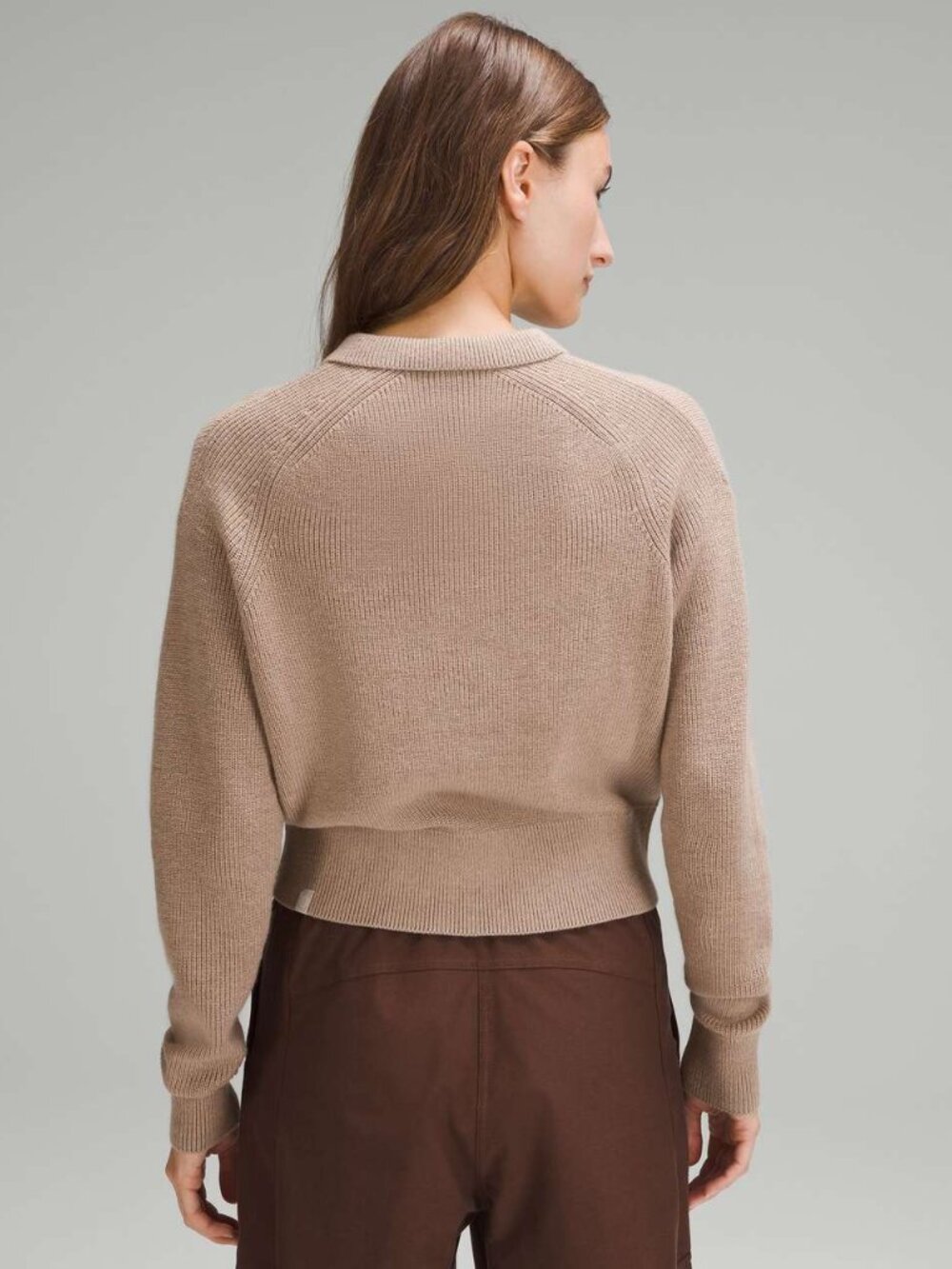 Lululemon Collared Merino Wool Blend Khaki Cream Crop Preppy Office Sweater S - Picture 3 of 3